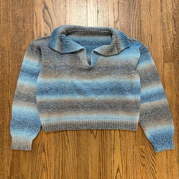 Handmade Striped Knit Cropped Pullover Sweater Collared Blue Brown Casual Chic L - Picture 1 of 5